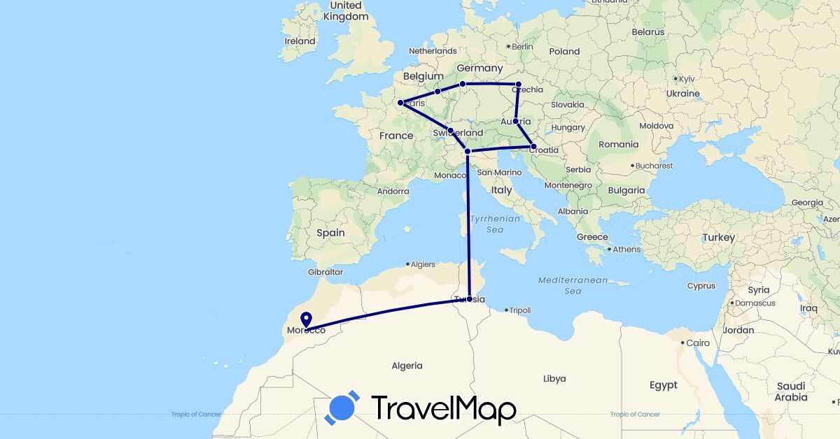 TravelMap itinerary: driving in Austria, Switzerland, Czech Republic, Germany, France, Croatia, Italy, Luxembourg, Morocco, Tunisia (Africa, Europe)