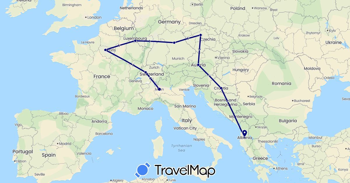 TravelMap itinerary: driving in Albania, Austria, Switzerland, Czech Republic, Germany, France, Croatia, Italy, Luxembourg (Europe)
